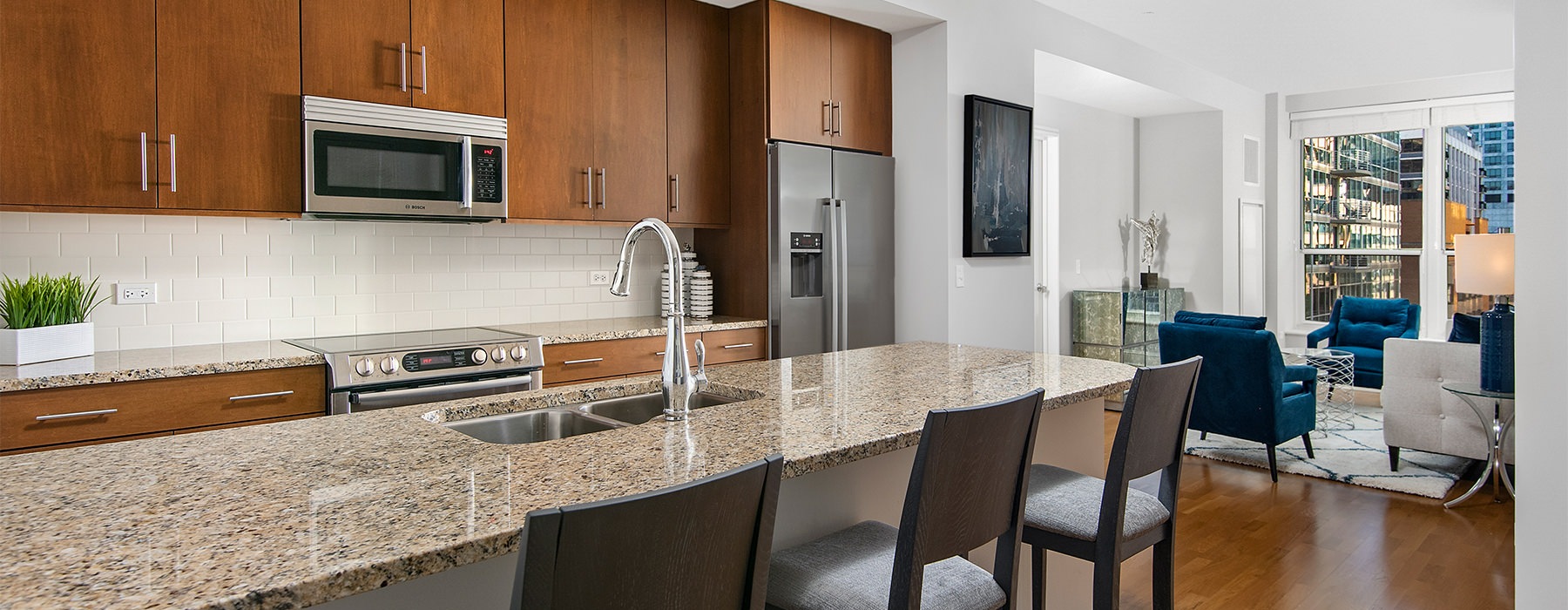 High-end stainless steel appliances and granite countertops